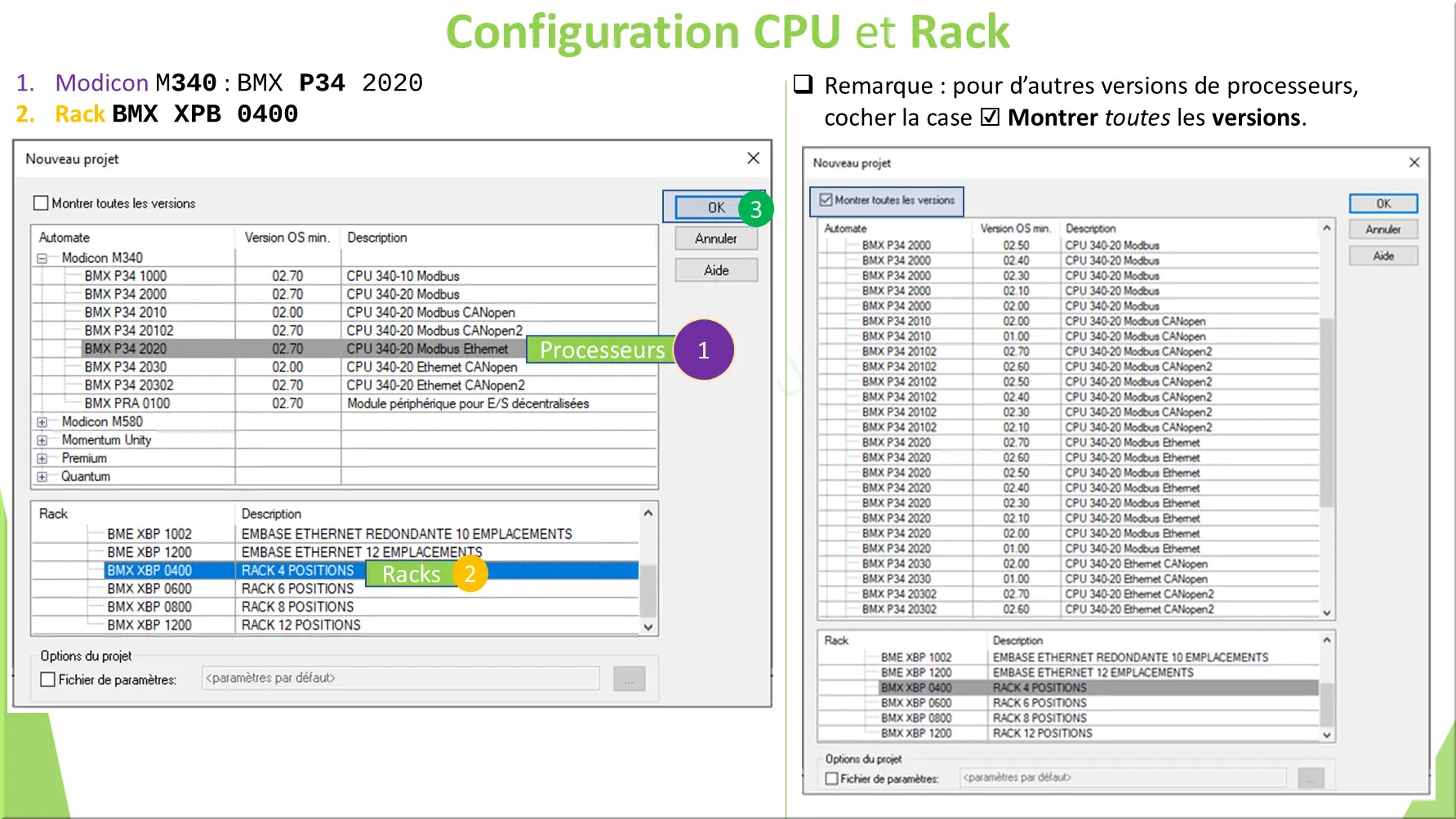 Configuration CPU et Rack
